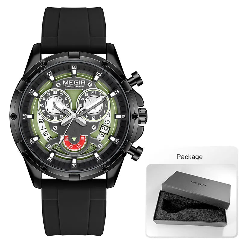 MEGIR New Sport Watches for Men Fashion Chronograph Quartz Wristwatch with Silicone Strap Luminous Hands Calendar Waterproof