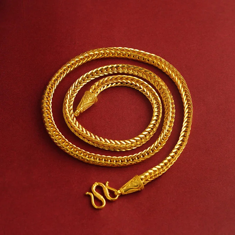 Luxury 24K 9999 Pure Gold real gold Fortune 60cm Chain Men's Necklace Square Snake Bone Bracelet Large