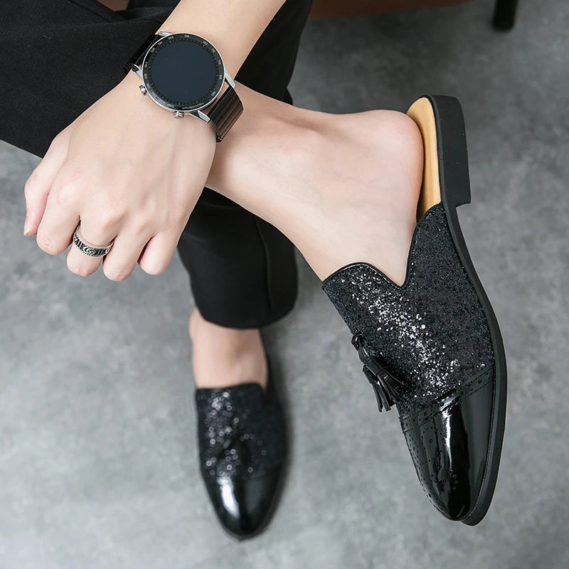 2024 New Luxury Designer Men's Casual Bling Leather Loafers Italian for Men Half Shoes Mules Male Black Slides Business Slippers