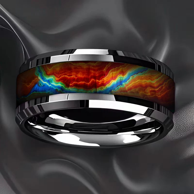 8mm Red Galaxy Nebula Crushed Stone Stainless Steel Ring Promise Wedding Ring for Men & Women, Comfort Fit, Wedding Band Jewelry