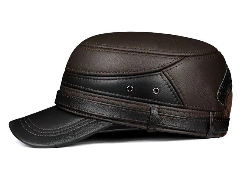 New 2024 Winter Men Genuine Leather Baseball Cap Earmuffs Flat Hat Male Keep Warm Leisure 57-60 cm Adjustable Gorro Cow Skin Cap