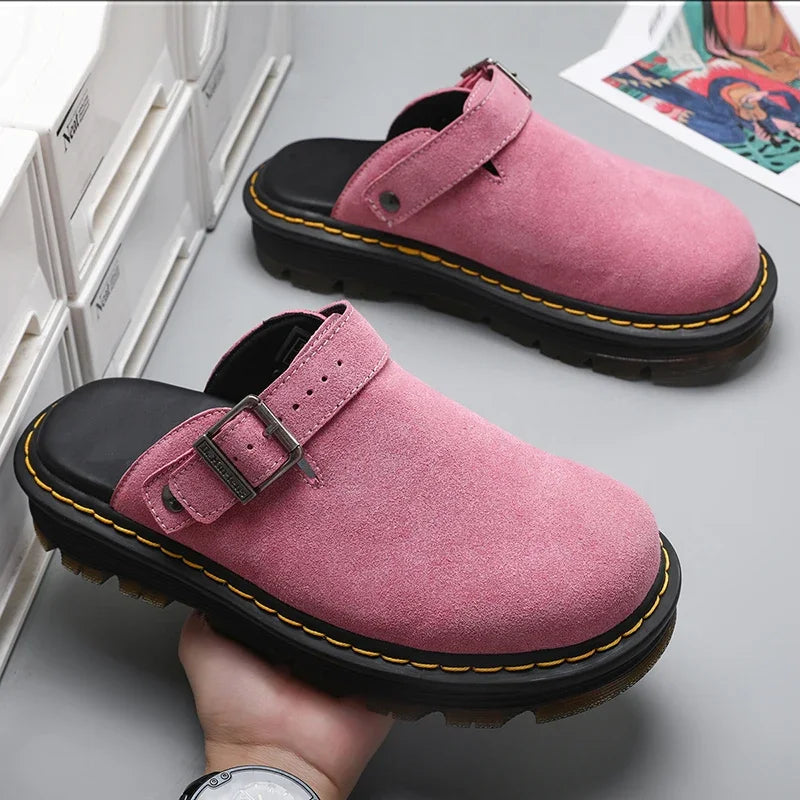 Men's Fashion Large Leather Casual Slippers Men's Four Seasons Half Slippers Non Slip Beach Shoes Classic Clogs Shoes