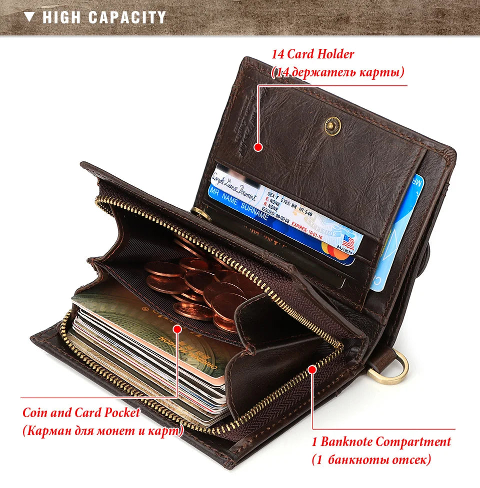 Real Leather Wallet for Men RFID Blocking Credit Card Holder Purse Male Short Bifold Zipper Coin Pocket with Anti-Theft Chain