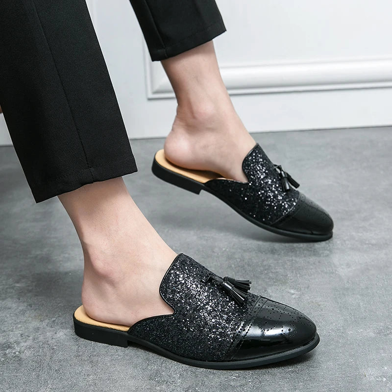 2024 New Luxury Designer Men's Casual Bling Leather Loafers Italian for Men Half Shoes Mules Male Black Slides Business Slippers