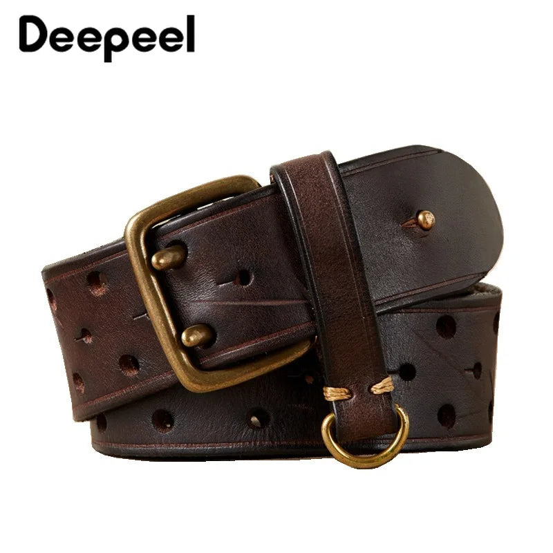 Pure Cowhide 3.8cm Wide Genuine Leather Belt for Men Double Pin Buckle Male Jeans Belts Top Quality Luxury Gift Waistband