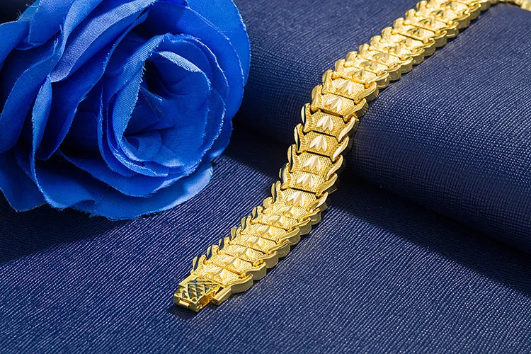 SAIYE 21cm Retro Fashion European Coin Gold Plated Jewelry 24K Gold Men Wide Bracelet Watch Chain Wholesale