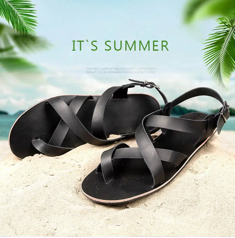 New Summer Sandals Men Open Toe Genuine Leather Sandals Hollow-out Retro Handmade Comfortable Breathable Outdoor Beach Shoes