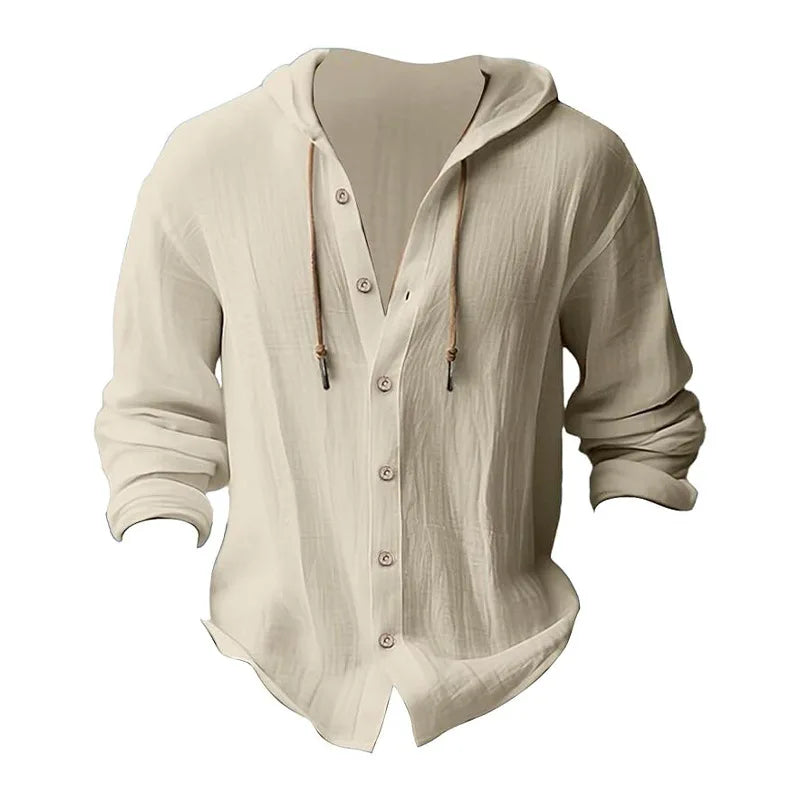 Men's Beach Casual Shirts Cotton Linen Hooded Long Sleeve Shirt Man Fashion Loose Solid Button Cardigan Streetwear Tops Clothing