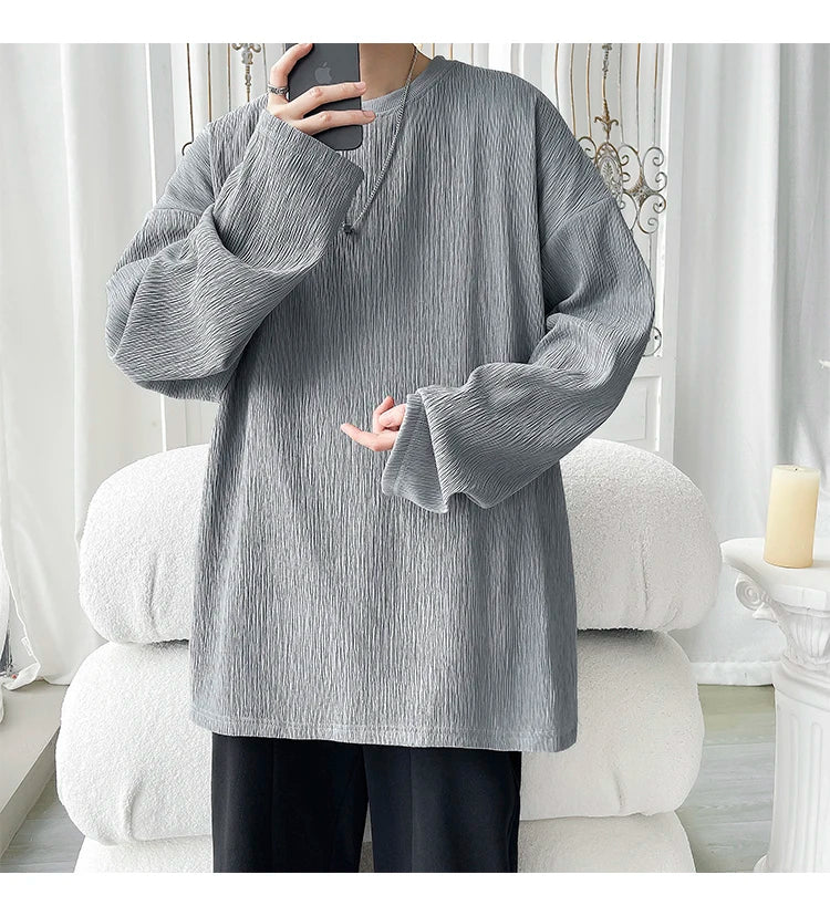 Men's High Street Long Sleeve T-Shirt - Trendy Casual Top Loose Fit Comfortable Wear, Modern Minimalist Style, Everyday Essentia