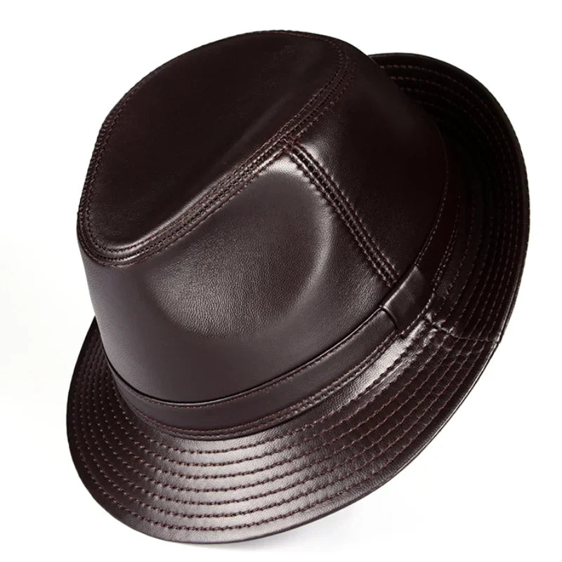 Real Leather Quality Genuine  Jazz Fedora Gentleman  SheepSkin Short Brim Black/Brown Hip Pop Fitted Top Hat Male Shows