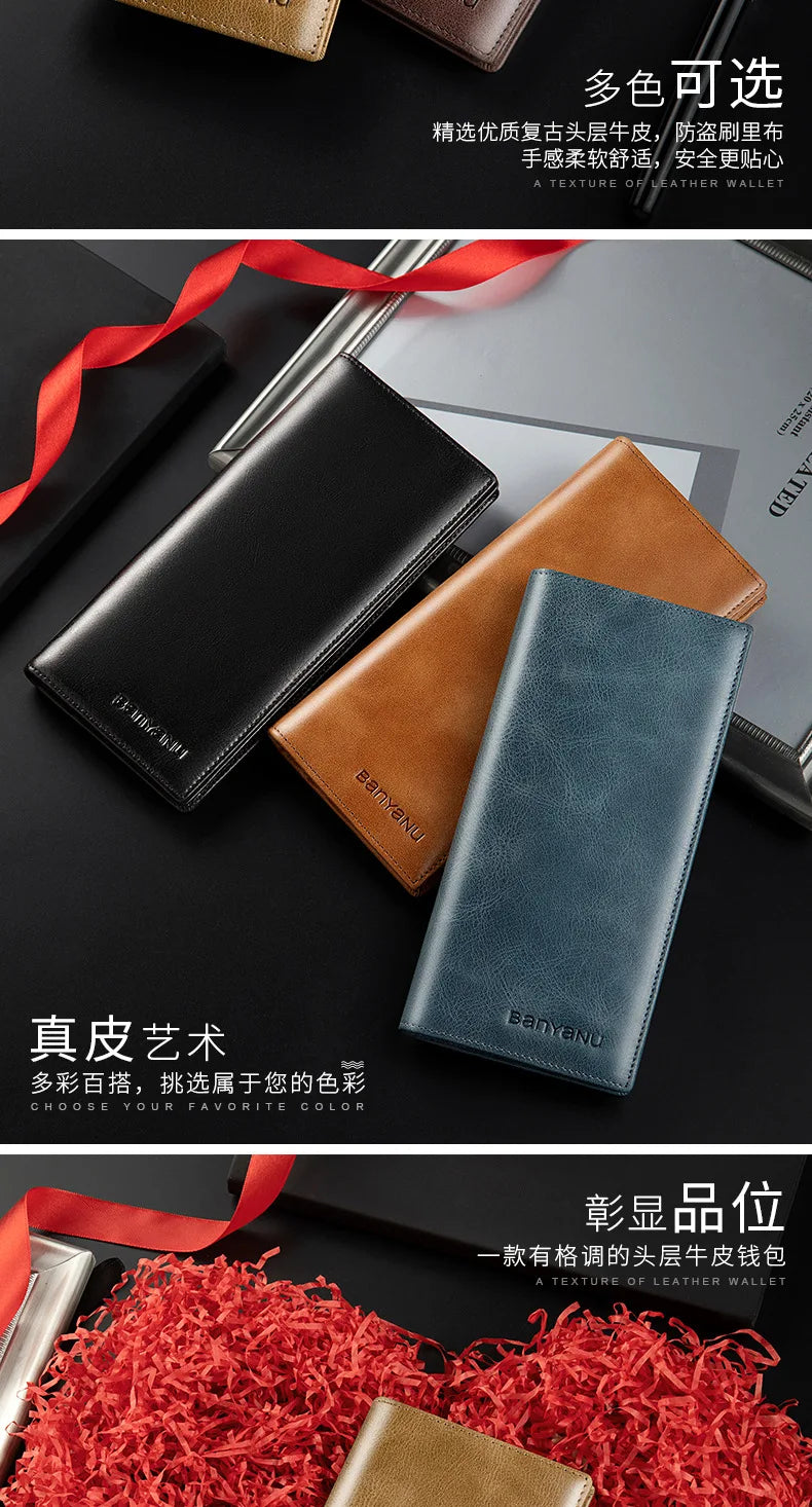 Banyanu Leather Factory Wallet Men's Long Leather Ultra Thin Anti theft Brushed Leather Wallet with Zipper Leather Wallet