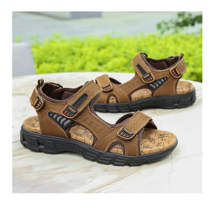 Men's shoes summer plus size shoes hollow soft bottom layer cowhide sandals casual sandals light outdoor beach shoes 38-46