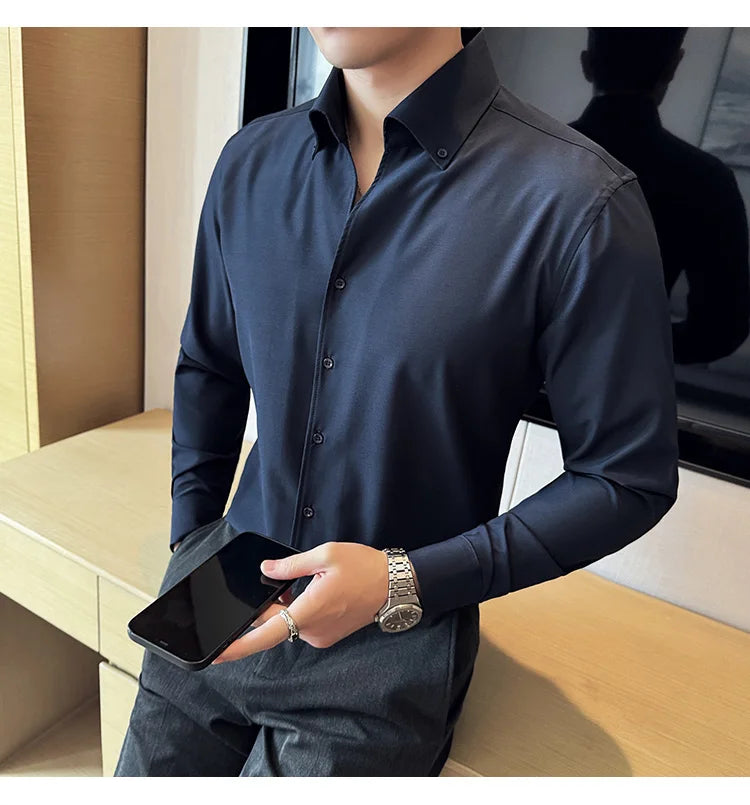 Men Dress Shirt 2025 Autumn British Style Solid Casual Slim Fit Formal Camisas V-neck Long Sleeves Shirt Streetwear Men Clothing