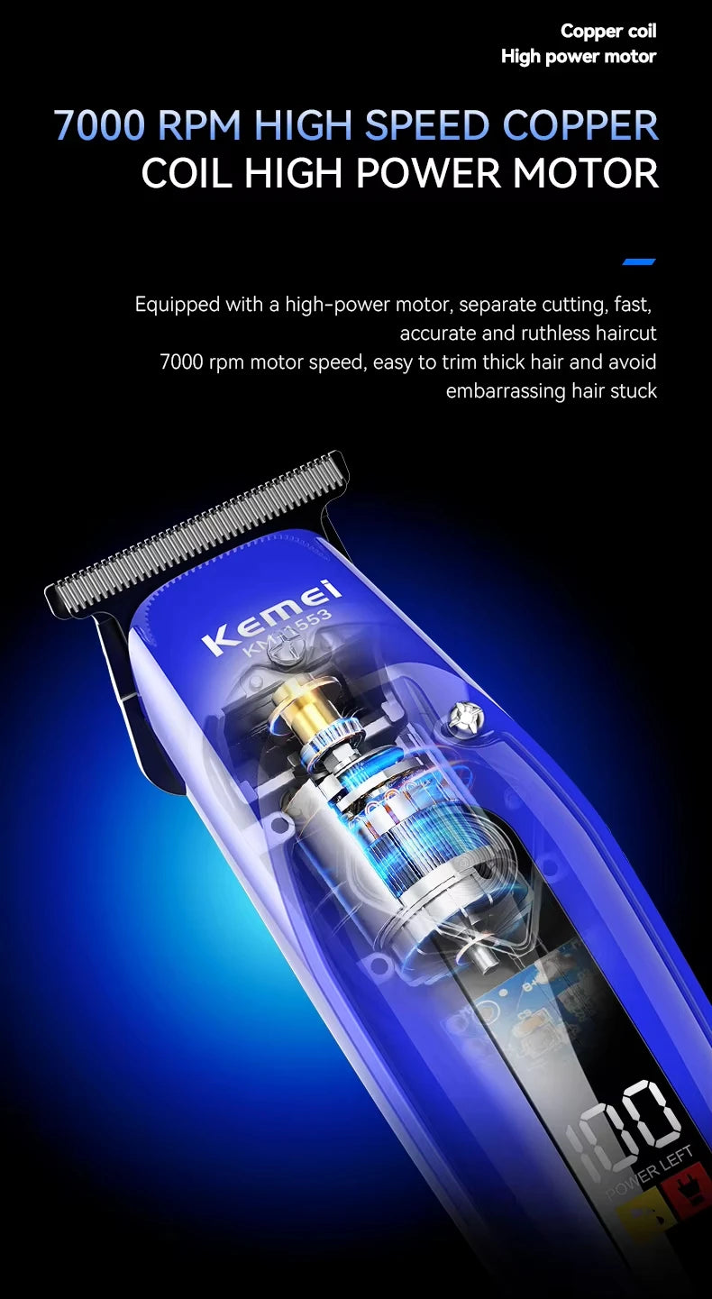 Kemei KM-1553 High Quality Men's Adult Cordless Hair Clipper with LED Display Barber Clipper Salon USB Charging Wet & Dry