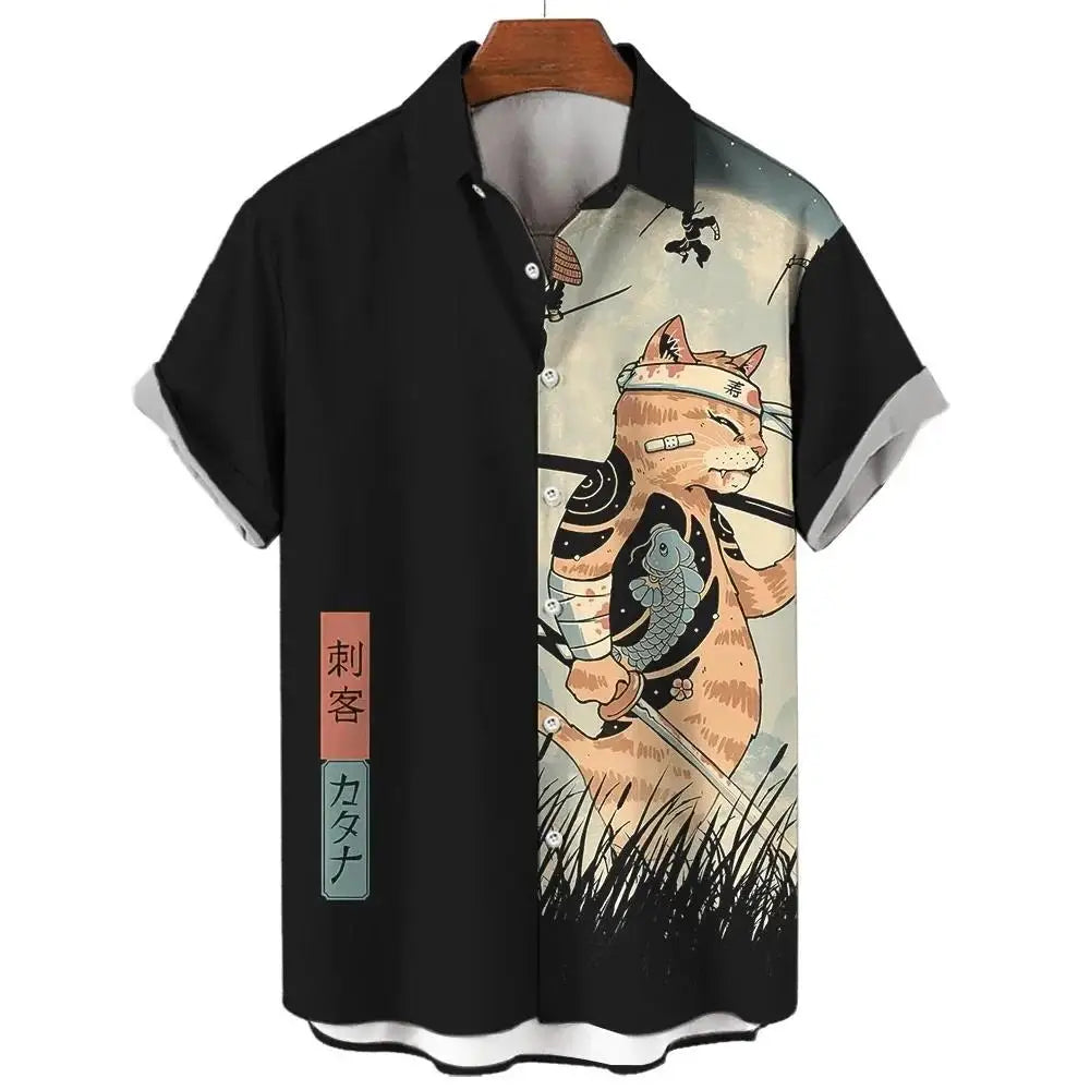 Fashion Men's Clothing Cool Samurai Cat Tops Summer New Men's Clothing Casual Short-Sleeved Anime Loose Blouse Hawaii Beaches