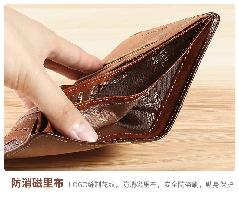 Men Wallet Genuine Leather Rfid Blocking Trifold Wallet Vintage Thin Short Multi Function ID Credit Card Holder Male Purse Money