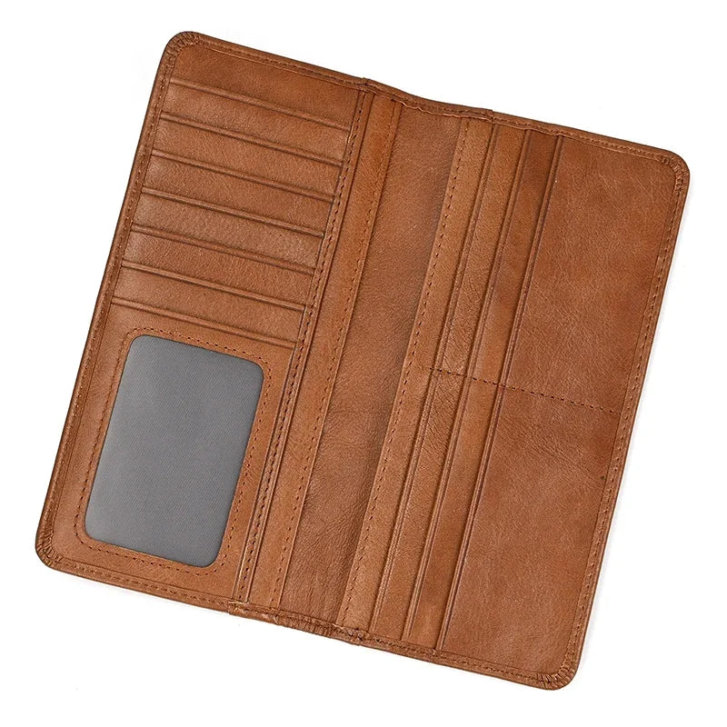 Casual Long Wallet Men Mobile Phone Male Long Purse Bifold Card Wallet Natural Cow Skin Leather Purse Men Business  Card Holder