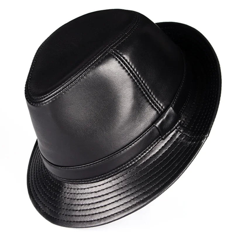 Real Leather Quality Genuine  Jazz Fedora Gentleman  SheepSkin Short Brim Black/Brown Hip Pop Fitted Top Hat Male Shows