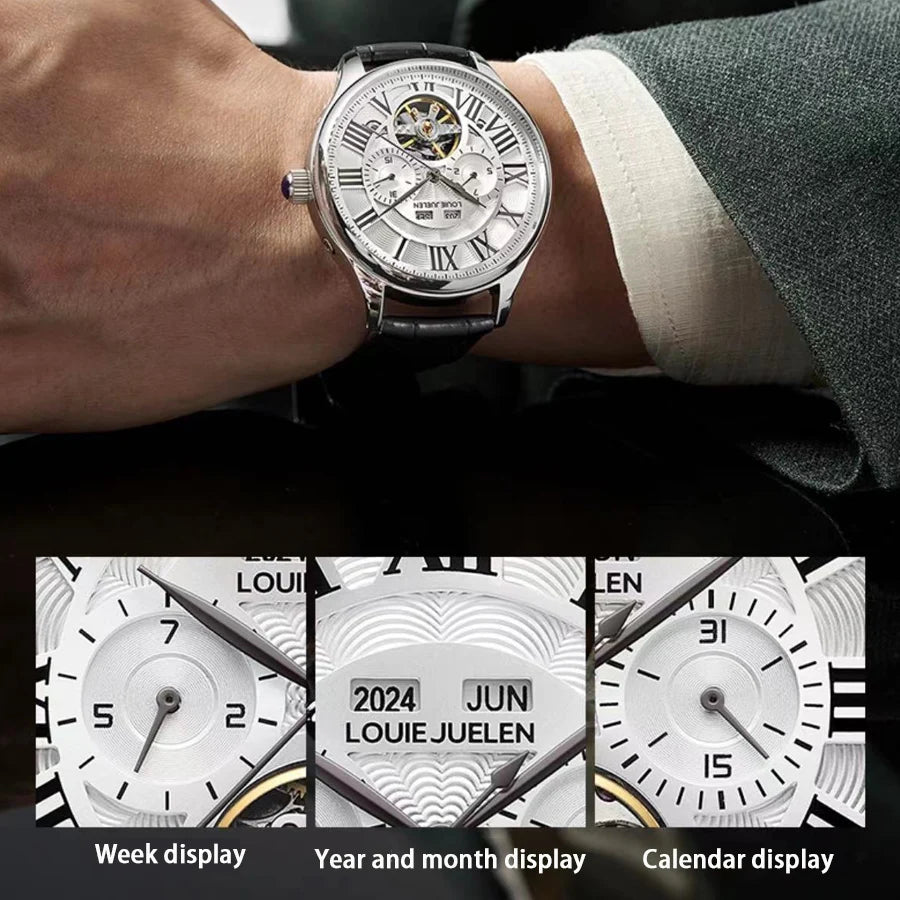 (Full Automatic Mechanical Watch) Men's Multifunctional Watch, Cut Out Perspective Small Plate, Roman Numeral Scale Dial, No Battery Required