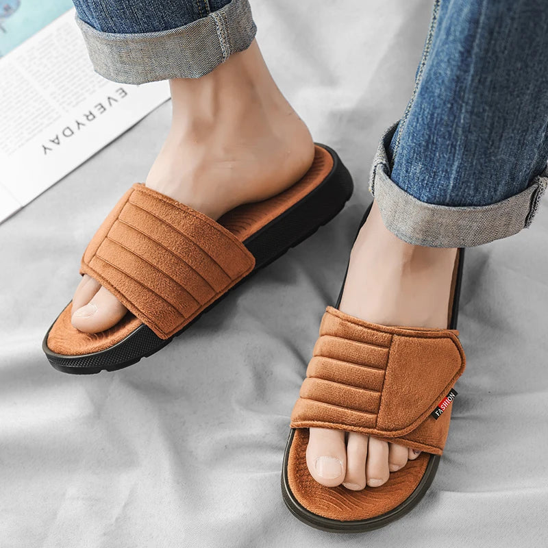 Men's Fashion Slippers Solid Color Flat Heel Retro Style Solid Color Ultra-light Soft Sole Silent Home Suede Casual Shoes