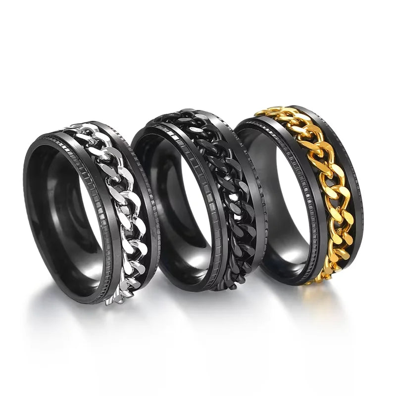 Stainless Steel Rotatable Chain Ring for Couples Jewelry Spinner Fidget Release Anxiety Ring Multifunctional Anillos De Ansiedad