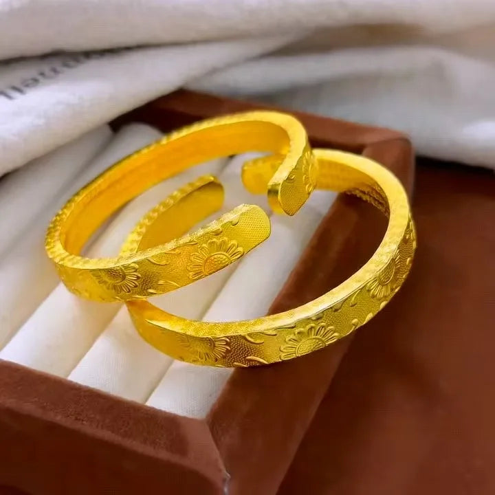 Sunflower Open Bangle Women's 24K Gold AU999 - 3D bloom shape, adjustable opening, high-purity gold shows sun-facing style