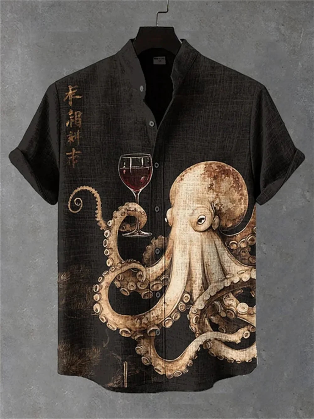 Men's Japanese Retro Art Print Short Sleeve Stand up Collar Linen Shirt Casual plus Size Fashion Fast Shipping
