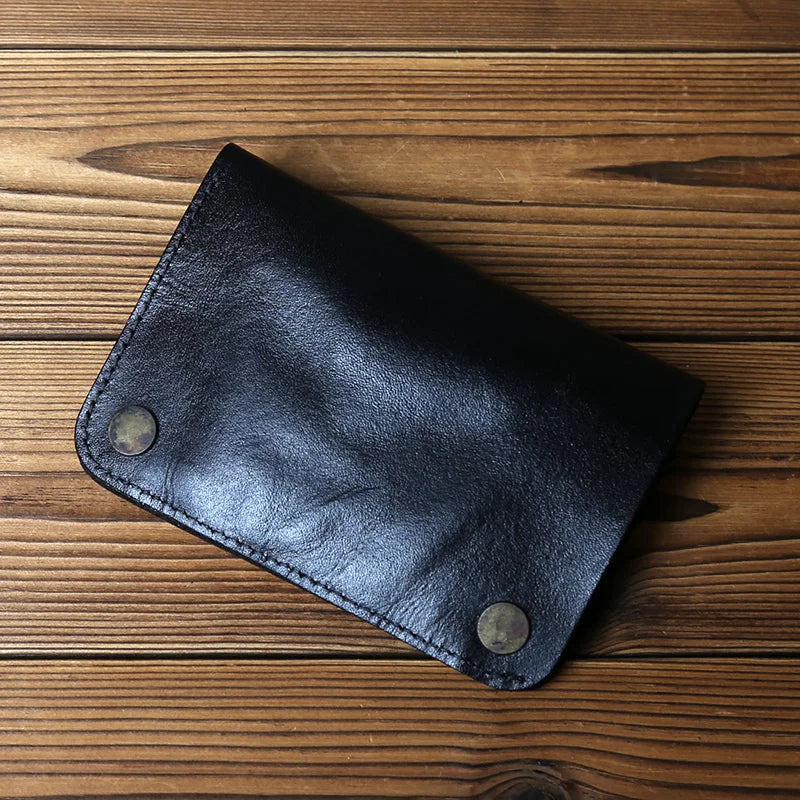 Retro Handmade Leather Wallet for Ladies Top Layer Cowhide Men's Short Wallet Wiping Color Buckle Bag Vertical Credit Card Bag