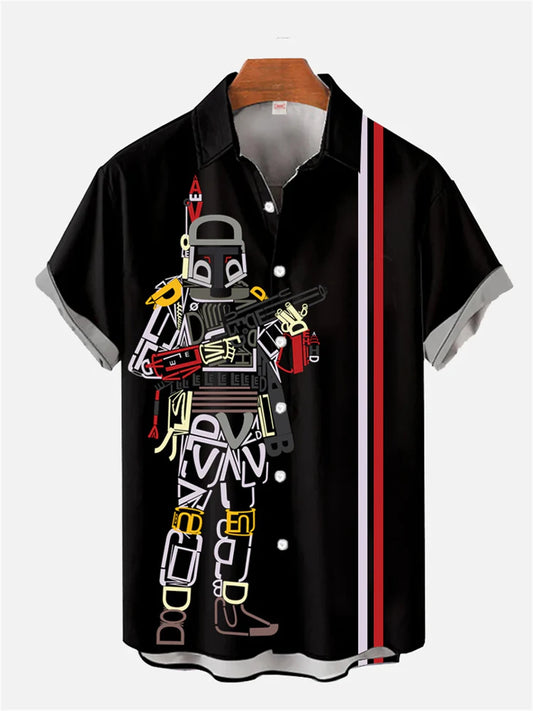 Men's shirt handsome mecha man print Hawaiian lapel top large size loose short-sleeved summer new style