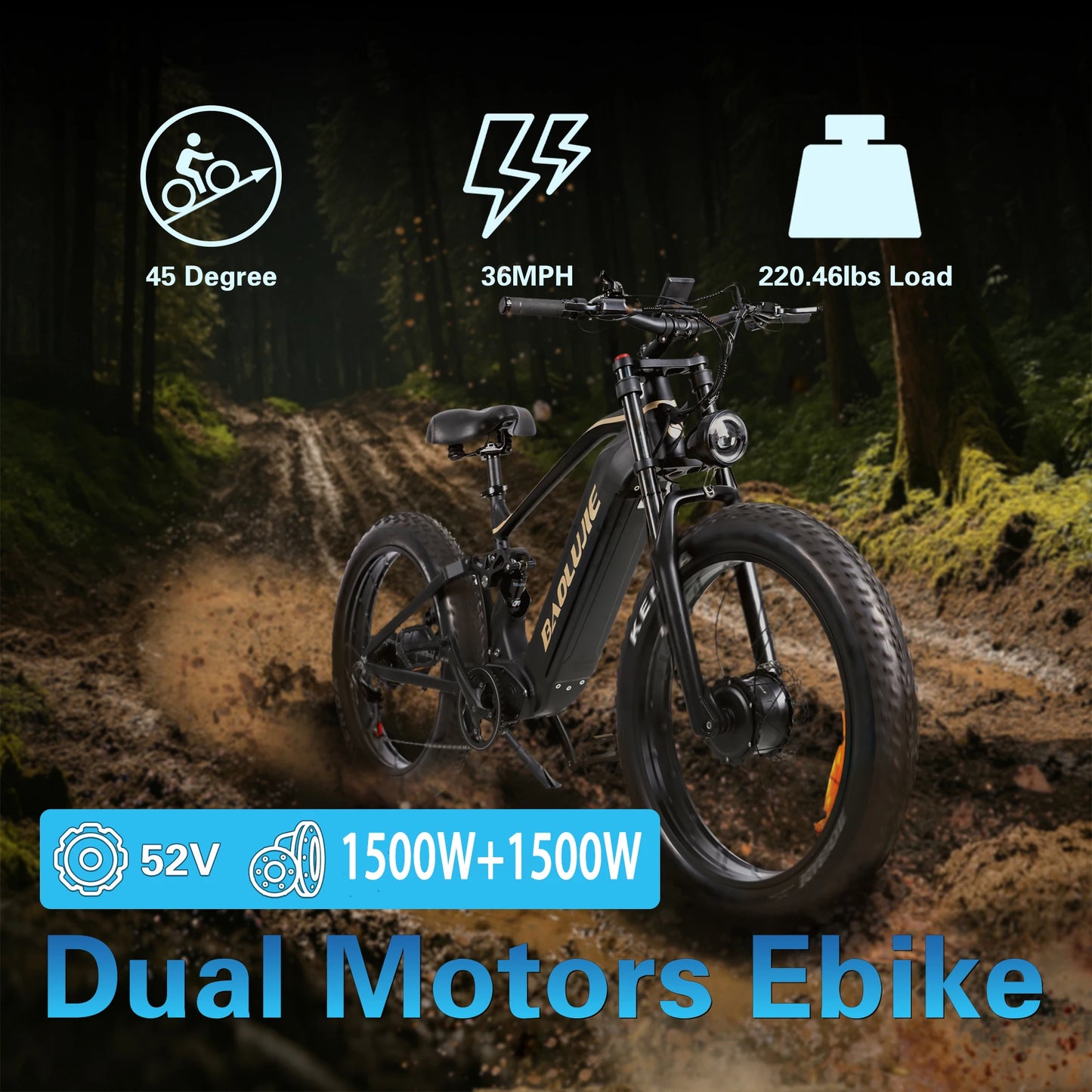 BAOLUJIE P2 Electric Bike for Adults，Long Rang 90 Miles Electric Bicycle，Peak 5000W Dual Motor 52V 23AH E bike，Max Speed 36 MPH