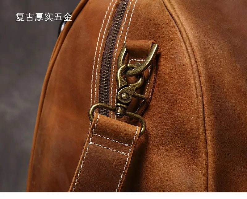 Leathfocus Men's Head Cowhide Travel Tote Crazy Horse Leather Crossbody Bag Women Camping Luggage Bag 14" Laptop Travel Bag