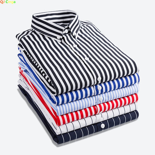Men's Classic Striped Shirt, Single-breasted Long-sleeved Shirts Autumn New Men Top Red Blue Black Slim Version Male Chemise