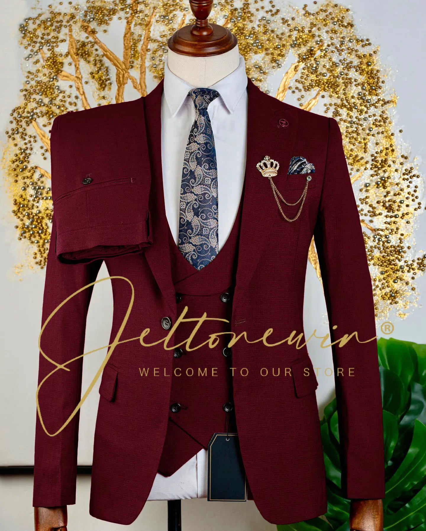 Men's Brown Three Piece Suit with Vest and Trousers Slim Fit Formal Wear for Wedding Groomsmen Party Business Occasion