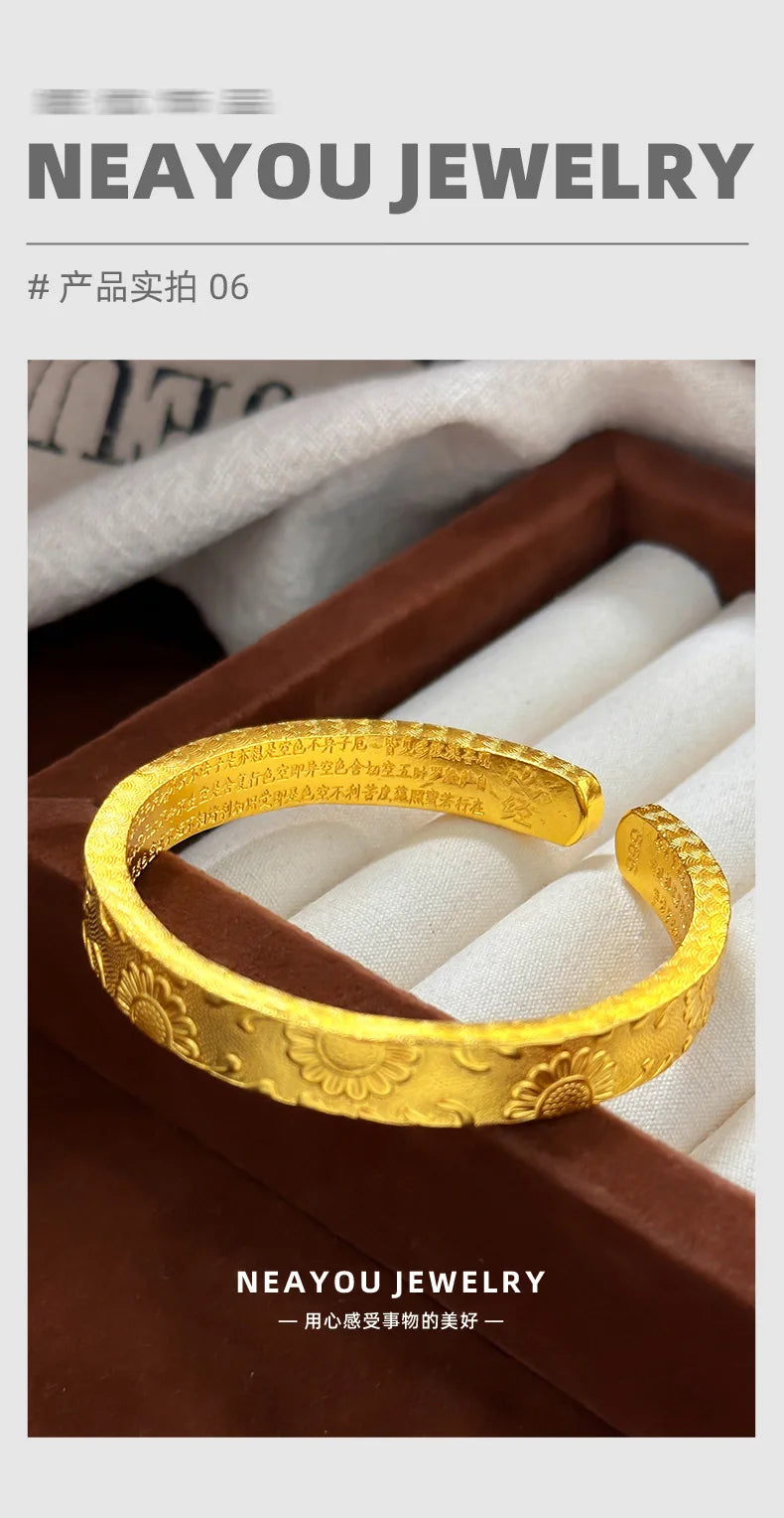 Real 9999 24k Gold Design Is Thickened and Wide, Facing the Sunflower and Engraved with the Heart Sutra, Open Bracelet Bracelet.
