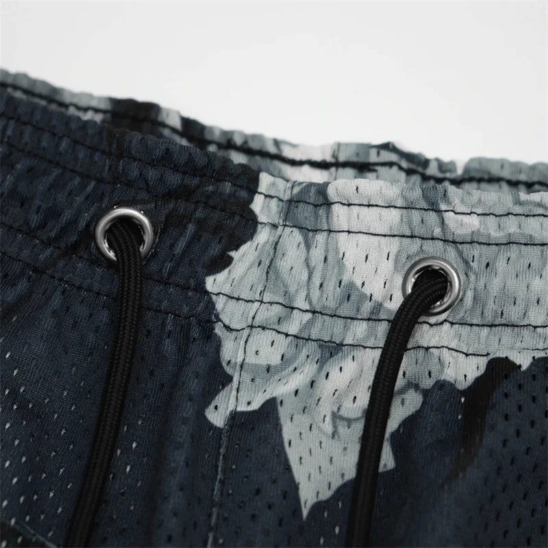 Summer New men short pant Rose Design Casual Shorts Street Hip Hop Fitness Polyester Fast Dry Breathable Embroidery Men Shorts