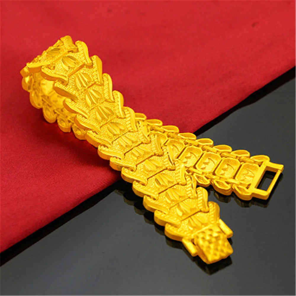 SAIYE 21cm Retro Fashion European Coin Gold Plated Jewelry 24K Gold Men Wide Bracelet Watch Chain Wholesale
