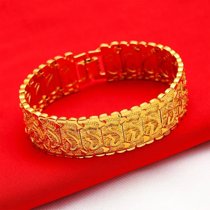 EternaGold Men's 24K Gold (AU999) Overbearing Long Dragon Watch Chain | Gold-inlaid dragon eyes, hammered dragon bone with adjus