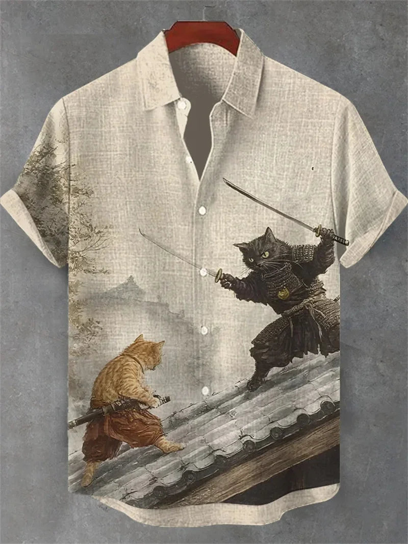 Men's Volcano Animal Pattern Linen Shirt Summer Fashion Short Sleeve Button Collar Shirt Hawaii Casual Shirt Top