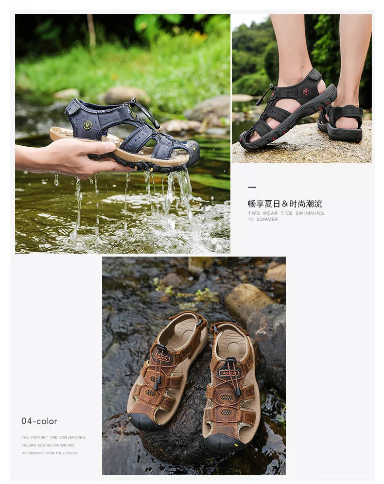 Summer Men Sandals Genuine Leather Mens Casual Shoes Outdoor Men Leather Sandals for Men Beach Shoes Roman Shoes Plus Size 38-48