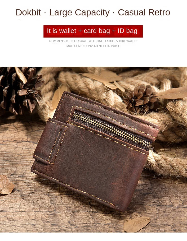 Men's Crazy Horse Leather Short Wallet Genuine Leather Buckle Wallet Vintage Top Layer Cowhide Card Holder Multi-Card  Wallet
