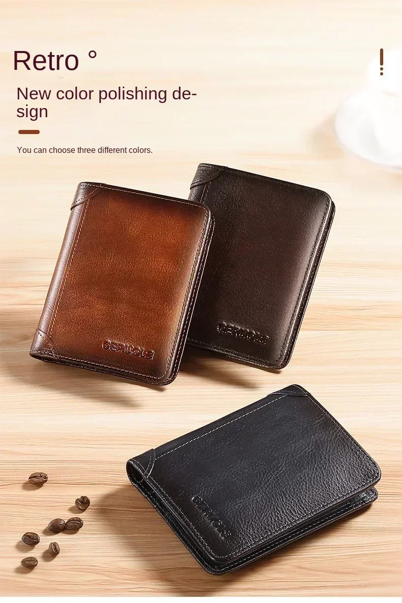 Men's Wallets RFID Blocking Genuine Leather Trifold Business Short Purse Wallet for Men with ID Window and Credit Card Holder