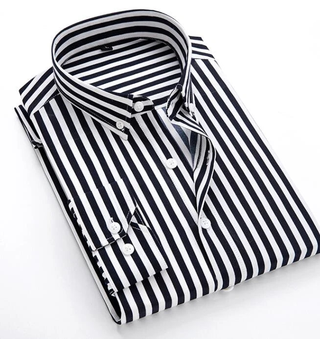 Men's Classic Striped Shirt, Single-breasted Long-sleeved Shirts Autumn New Men Top Red Blue Black Slim Version Male Chemise