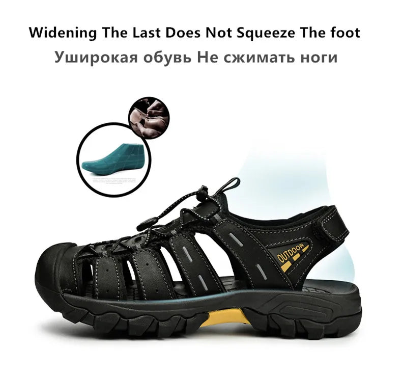 Summer Genuine Leather Men's Sandals Classic Breathable Slip-On Sandals Men Outdoor Casual Beach Sandals Sneakers Plus Size 46