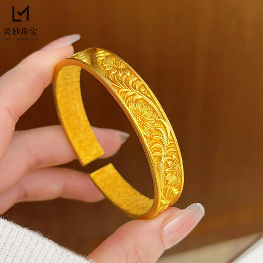 Classic Bangle Women's 24K Gold AU999 - 24K Gold Retro Fortune Flower Bangle, Carved Craft, Luxury Collection