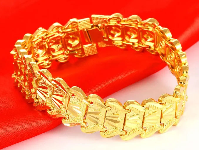 SAIYE 21cm Retro Fashion European Coin Gold Plated Jewelry 24K Gold Men Wide Bracelet Watch Chain Wholesale