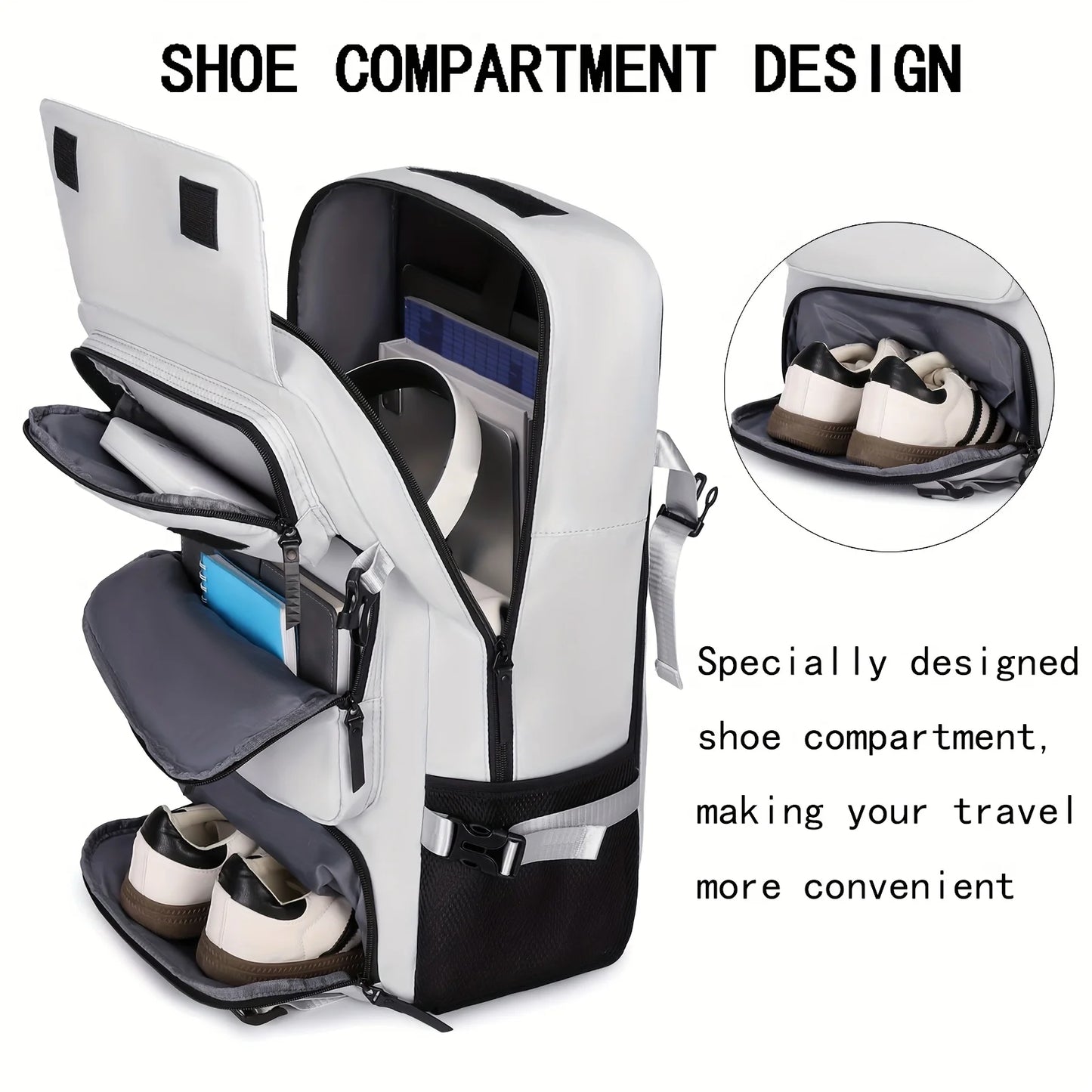 Men's large capacity travel backpack with shoe compartment, 17.3-inch laptop bag, adjustable shoulder strap