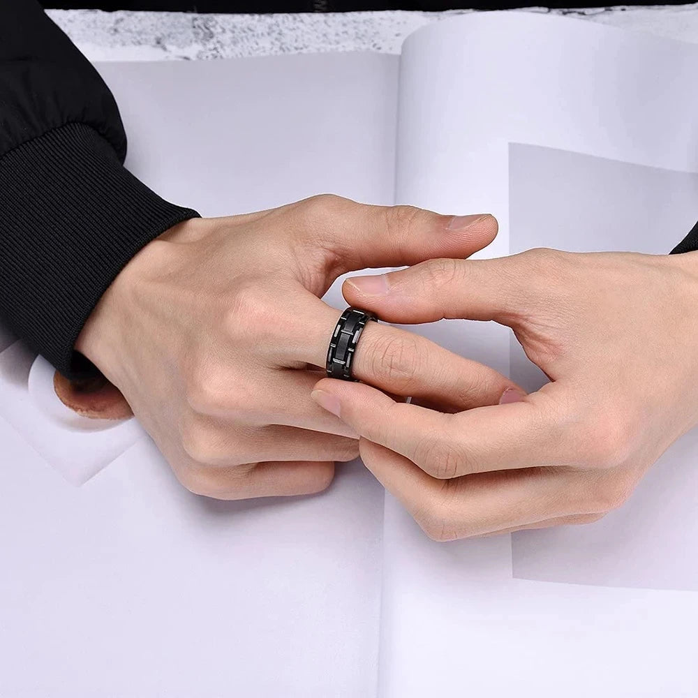 Fashion Men 8mm Rose Gold Color Stainless Steel Rings Double Groove Pattern Promise Rings For Men Wedding Jewelry Accessories
