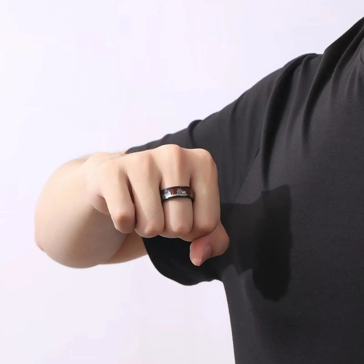 Fashion Deer Family Black Hunting Stainless Steel Rings for Men Women KOA Wood Inlay Beveled Polished Edge Wedding Bands Jewelry
