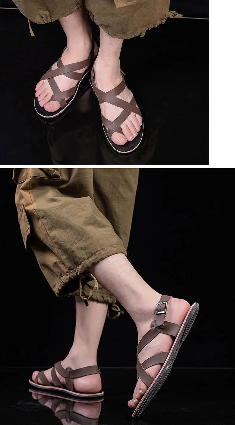 New Summer Sandals Men Open Toe Genuine Leather Sandals Hollow-out Retro Handmade Comfortable Breathable Outdoor Beach Shoes
