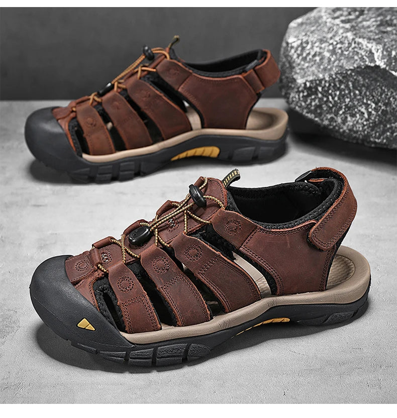 Men's Sport Sandals Outdoor Hiking Sandals Closed Toe Leather Fashion All-match Light Trail Walking Casual Sandals Water Shoes
